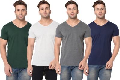 Unite Wear Self Design, Solid Men V Neck Dark Blue, Dark Green, Grey T-Shirt