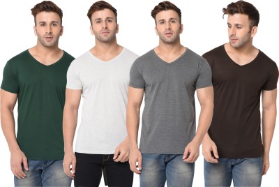 Jangoboy Self Design, Solid Men V Neck Dark Green, Brown, Grey T-Shirt