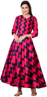 Khushi Print Women Maxi Blue, Pink Full Length Dress