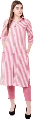 NYPA Women Striped Frontslit Kurta(Pink)