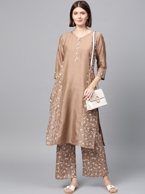 ZIYAA Women Floral Print Straight Kurta(Beige)