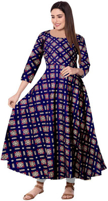 SILVER ORGANISATION Women Printed Gown Kurta(Blue)