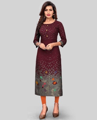 VBUYZ Women Printed Straight Kurta(Maroon)