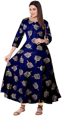 SILVER ORGANISATION Women Printed A-line Kurta(Dark Blue)