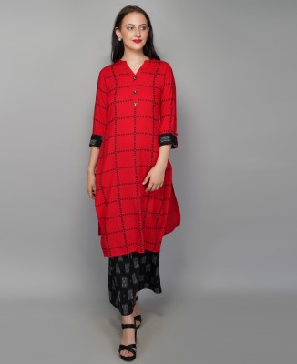 METRO-FASHION Women Checkered Straight Kurta(Red, Black)