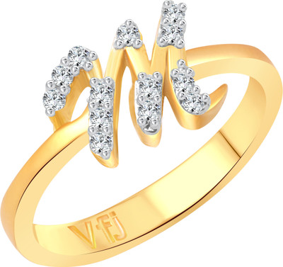 VIGHNAHARTA initial ''M'' Letter Alloy Cubic Zirconia Rhodium Plated Ring