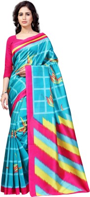 Winza Designer Printed, Animal Print, Checkered Daily Wear Art Silk, Cotton Silk Saree(Light Blue)