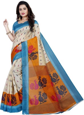 RUNAYA NX Animal Print Bhagalpuri Cotton Silk Saree(Beige)