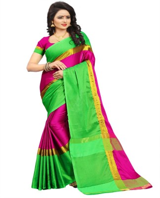 M U FASHION HUB Striped Fashion Cotton Silk, Art Silk Saree(Pink, Green)