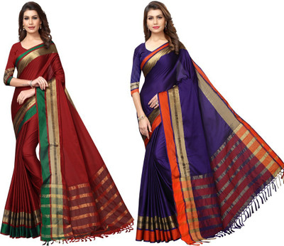 HITESH ENTERPRISE Solid/Plain Maheshwari Cotton Silk Saree(Pack of 2, Dark Blue, Maroon)
