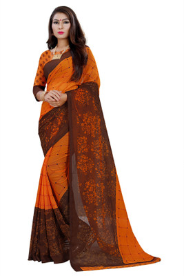 RUNAYA NX Floral Print Bollywood Georgette Saree(Orange)