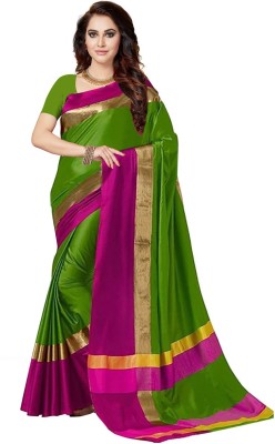 Ishin Solid/Plain Bollywood Cotton Blend Saree(Green, Pink)