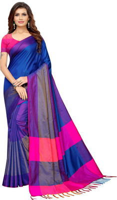 HITESH ENTERPRISE Checkered Bollywood Cotton Silk Saree(Blue)