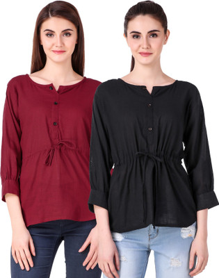 Fit N Fine Casual Cuffed Sleeve Self Design Women Multicolor Top