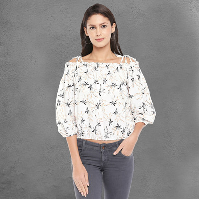 Oomph! Casual Bishop Sleeve Printed Women White Top