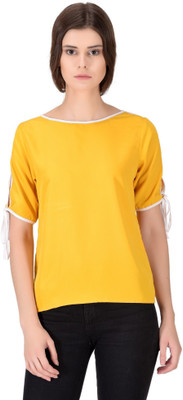 Oomph! Casual Slit Sleeve Solid Women Yellow Top