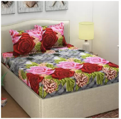 NIHAL VILLAS 140 TC Polycotton Double Printed Flat Bedsheet(Pack of 3, Red)