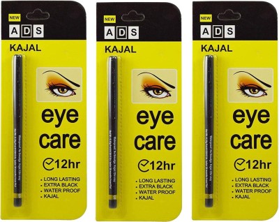 ads Eye Care 12Hr Long Lasting, Extra Black, Waterproof, Kajal (Pack Of 3)(Black, 1.05 g)