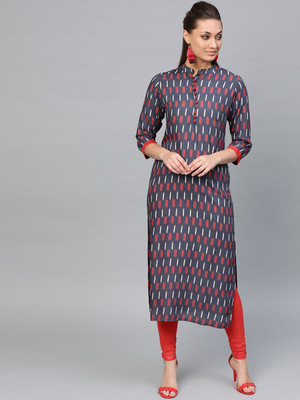Indo Era Women Printed Straight Kurta(Dark Blue, Red)