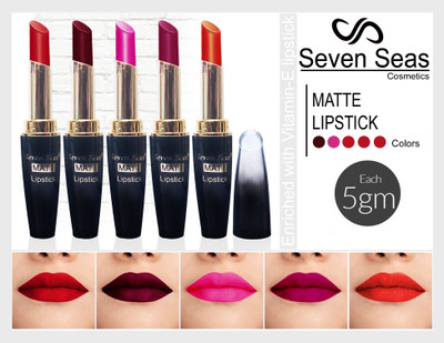 Seven Seas 4G matte lipstick comstics makeup combo set of 5(L pink Pink orange maroon red, 25 g)