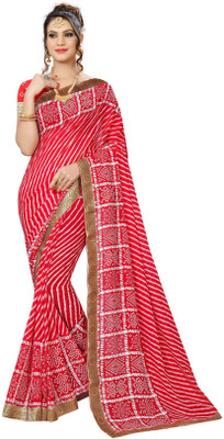 Kanooda Prints Printed Bandhani Georgette Saree(Red)