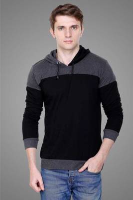 True Basket Solid Men Hooded Neck Black, Grey T-Shirt