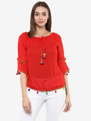 indietoga Casual 3/4 Sleeve Solid Women Red Top