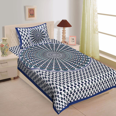 Rangun 144 TC Cotton Single Abstract Flat Bedsheet(Pack of 1, Blue)