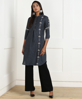 W Women Striped, Embroidered A-line Kurta(Blue)