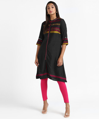 Aurelia Women Self Design Frontslit Kurta(Black)