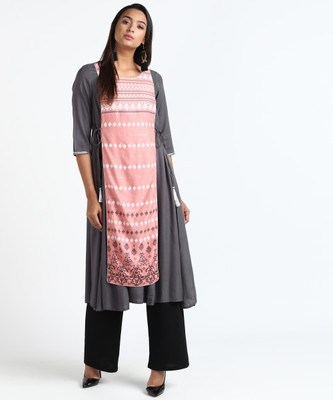 Aurelia Women Printed Flared Kurta(Pink, Grey)