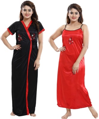 ZAIRRA Women Nighty with Robe(Black, Red)