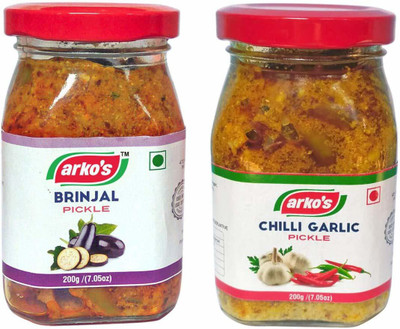 ARKOS Homemade Combo Pickle Brinjal and Chilligarlic Pickle Mixed Pickle(2 x 200 g)