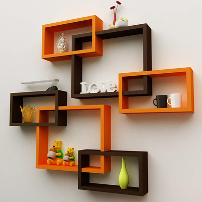 AAS WOOD HANDICRAFT Interlock Intersecting Wall Mounted Shelf Rack Set of 6 MDF (Medium Density Fiber) Wall Shelf(Number of Shelves - 6, Brown, Orange)
