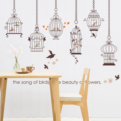 konark designer wallpapers 136 cm LARGE WALL STICKER HANGING BIRD CAGES WITH BIRDS INSIDE CAGE ( 92CM X 136 CM ) Self Adhesive Sticker(Pack of 1)