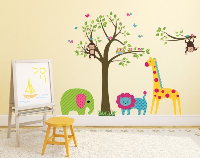 PERFECT DECOR 130 cm WALL STICKER WITH CARTOONS CHARACTERS GIRRAFE, ELEPHANT ( 95CM X 130CM ) Self Adhesive Sticker(Pack of 1)