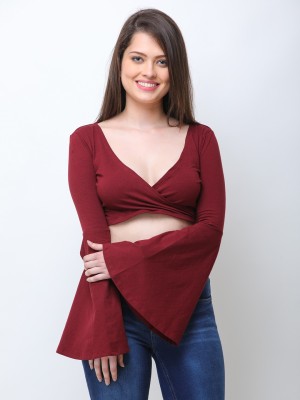 Cation Casual Bell Sleeve Solid Women Maroon Top