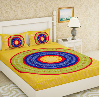 E ELMA 104 TC Cotton Double Printed Flat Bedsheet(Pack of 1, Yellow)