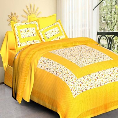 E ELMA 104 TC Cotton Double Printed Flat Bedsheet(Pack of 1, Yellow)