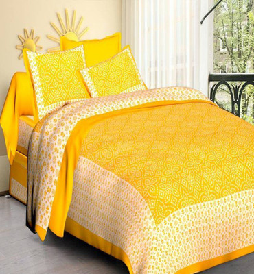 E ELMA 104 TC Cotton Double Printed Flat Bedsheet(Pack of 1, Yellow)