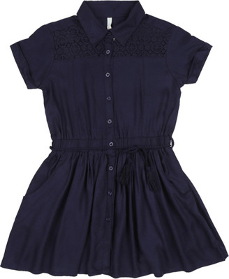 Pantaloons Junior Girls Midi/Knee Length Casual Dress(Dark Blue, Half Sleeve)