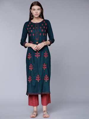 Vishudh Women Embroidered Straight Kurta(Green)
