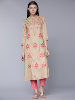 Vishudh Women Embroidered Straight Kurta(Beige)