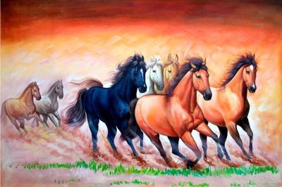 Vastu Seven Lucky Running Horses Painting Poster Fully Waterproof Vinyl Sticker Print for Living Room,Bedroom,Office,Kids Room,Hall Fine Art Print(24 inch X 18 inch, Rolled)