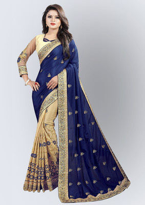GLAMIFY Embroidered Fashion Poly Silk Saree(Dark Blue)
