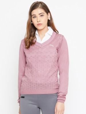 JUMP USA Self Design V Neck Casual Women Pink Sweater