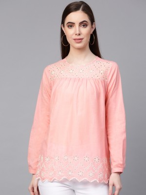 Bhama COUTURE Casual Full Sleeve Embroidered Women Pink Top