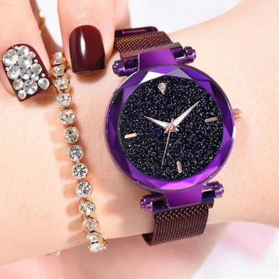 Trex 4-diamond Minimalist Black Dial Rose Gold Strap Analog Watch Magnet Strap Braclete Type Analog Watch  - For Girls