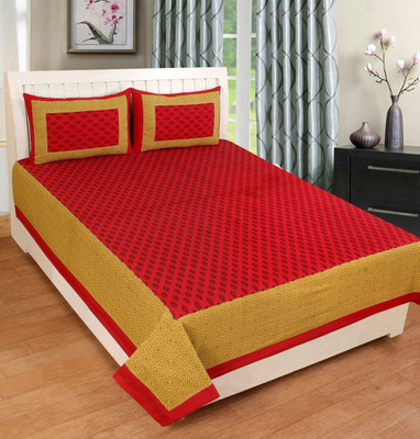 Navkar Creation 130 TC Cotton Double Printed Flat Bedsheet(Pack of 1, Red Yellow)