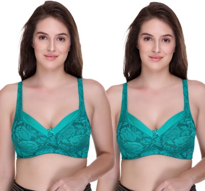 SONA SL008 Lace Full Coverage Non Wired Non Padded Bra Women Minimizer Non Padded Bra(Green)